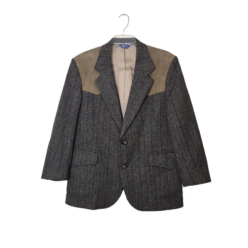 Pendleton Vintage Wool Western Jacket 42 Herringbone Suede Yoke Elbow Patches